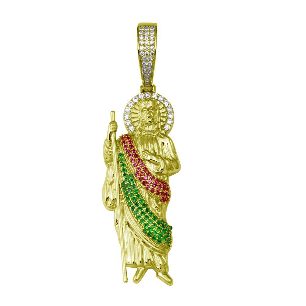 Gold Plated 925 Sterling Silver Multi Color CZ St Jude Hip Hop Pendant - SLP00342GP