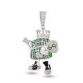 Rhodium Plated 925 Sterling Silver Cash King Money Bag Clear and Green CZ Pendant - SLP00394