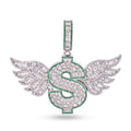 Rhodium Plated 925 Sterling Silver Dollar Sign Wings Baguette Clear and Green CZ Pendant - SLP00426