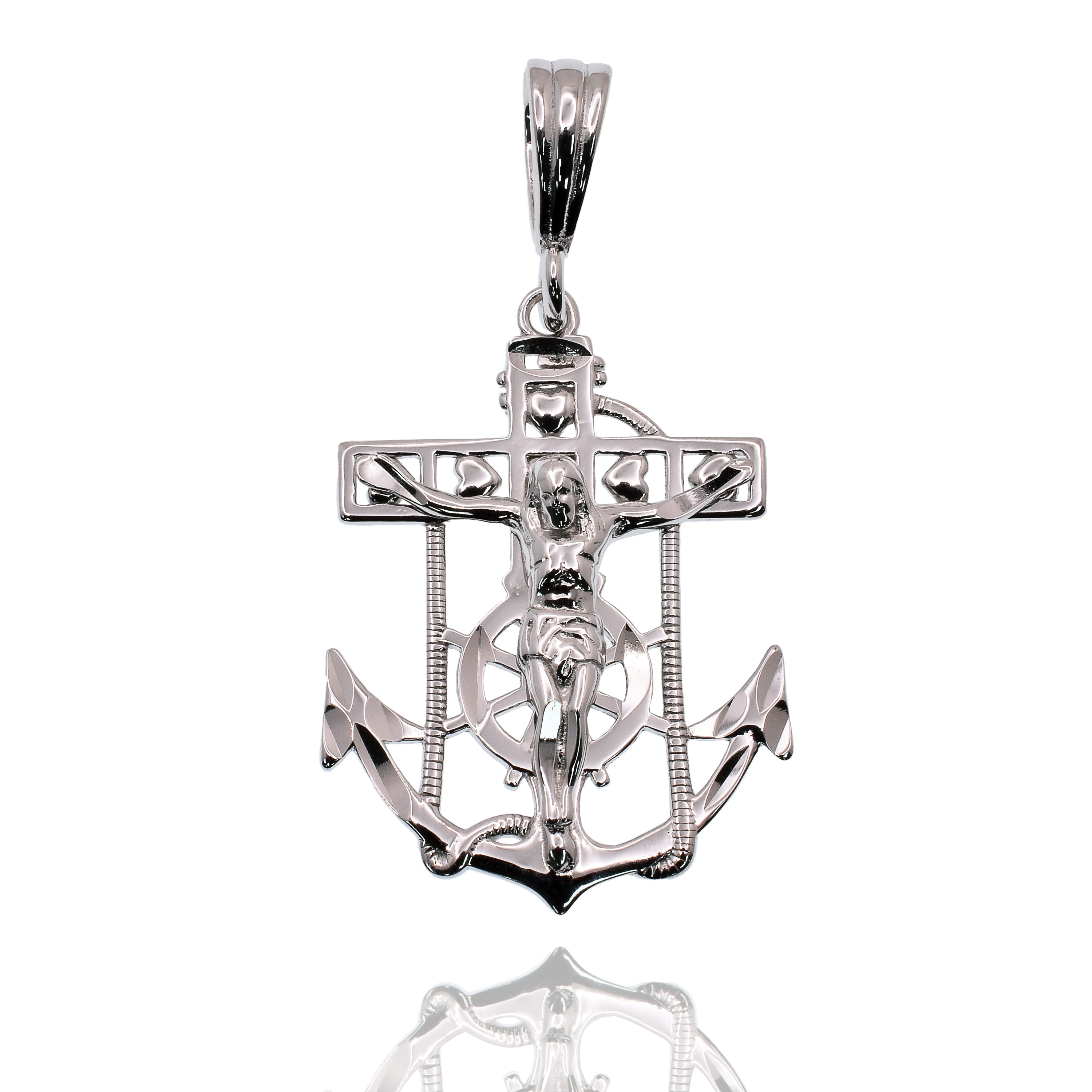 Rhodium Plated 925 Sterling Silver Anchor Crucifix Nautical 17mm x 24mm Pendant - SLP00473