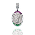 Rhodium Plated 925 Sterling Silver Saint Jude Clear Red and Green 17mm x 24mm Oval Pendant - SLP00490