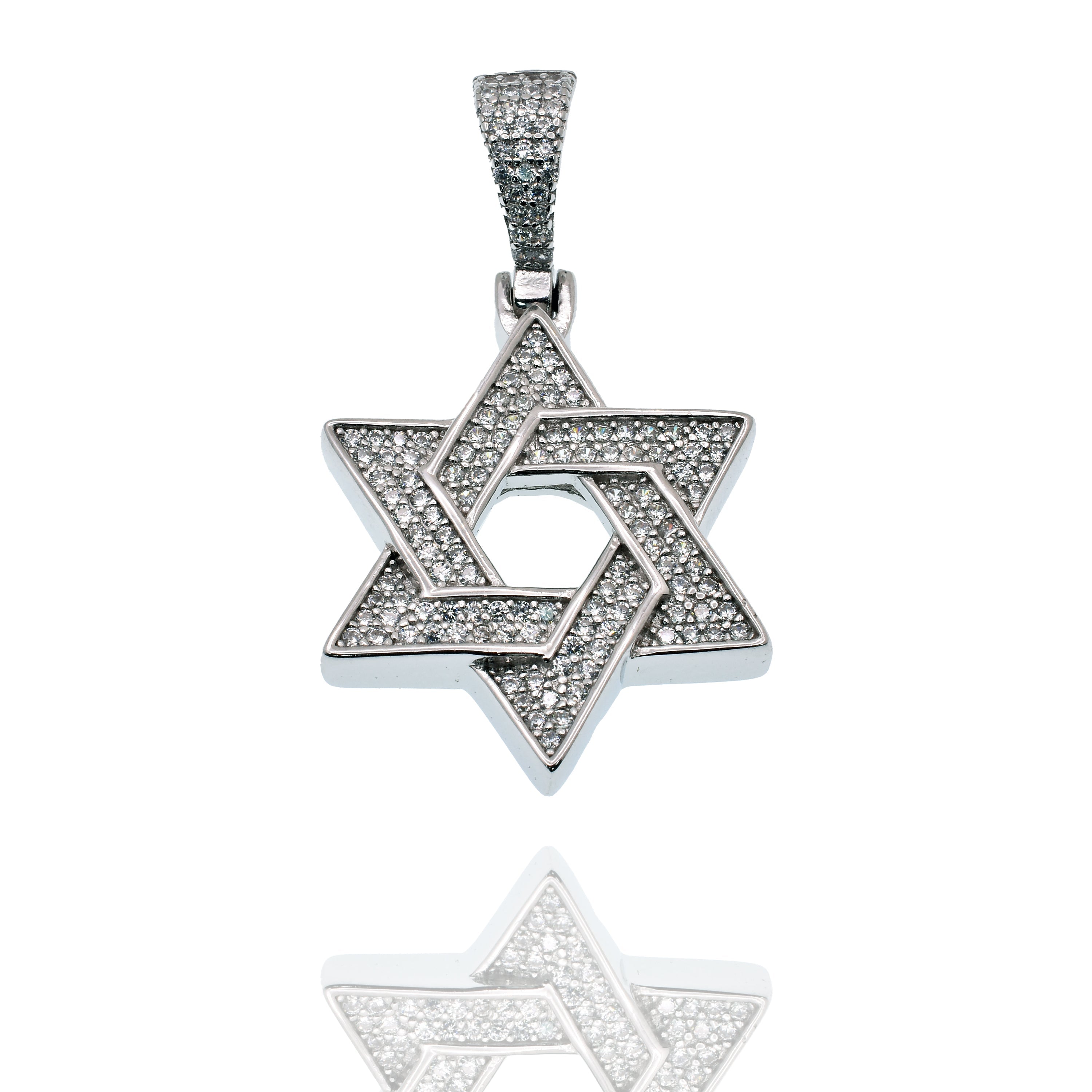 Rhodium Plated 925 Sterling Silver Star Of David Iced Out Clear CZ 23mm Pendant - SLP00491