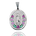 Rhodium Plated 925 Sterling Silver Our Lady of Guadalupe Multicolor CZ Iced Out 28mm x 35mm Pendant - SLP00492