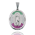 Rhodium Plated 925 Sterling Silver Our Lady of Guadalupe Multicolor CZ Iced Out 28mm x 35mm Pendant - SLP00494