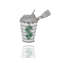 Rhodium Plated 925 Sterling Silver Milkshake Drink Cup Baguette Dollar Sign Green Clear CZ 20mm x 35mm Pendant - SLP00499