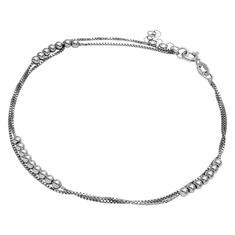 Rhodium Plated 925 Sterling Silver Double Strand Bead Anklet - SOA00003