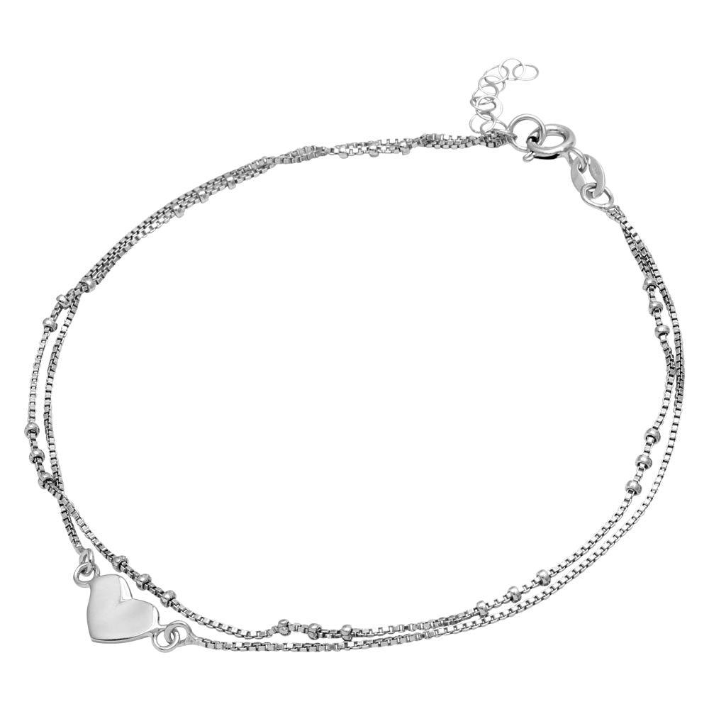 Rhodium Plated 925 Sterling Silver Double Strand Heart Anklet - SOA00005