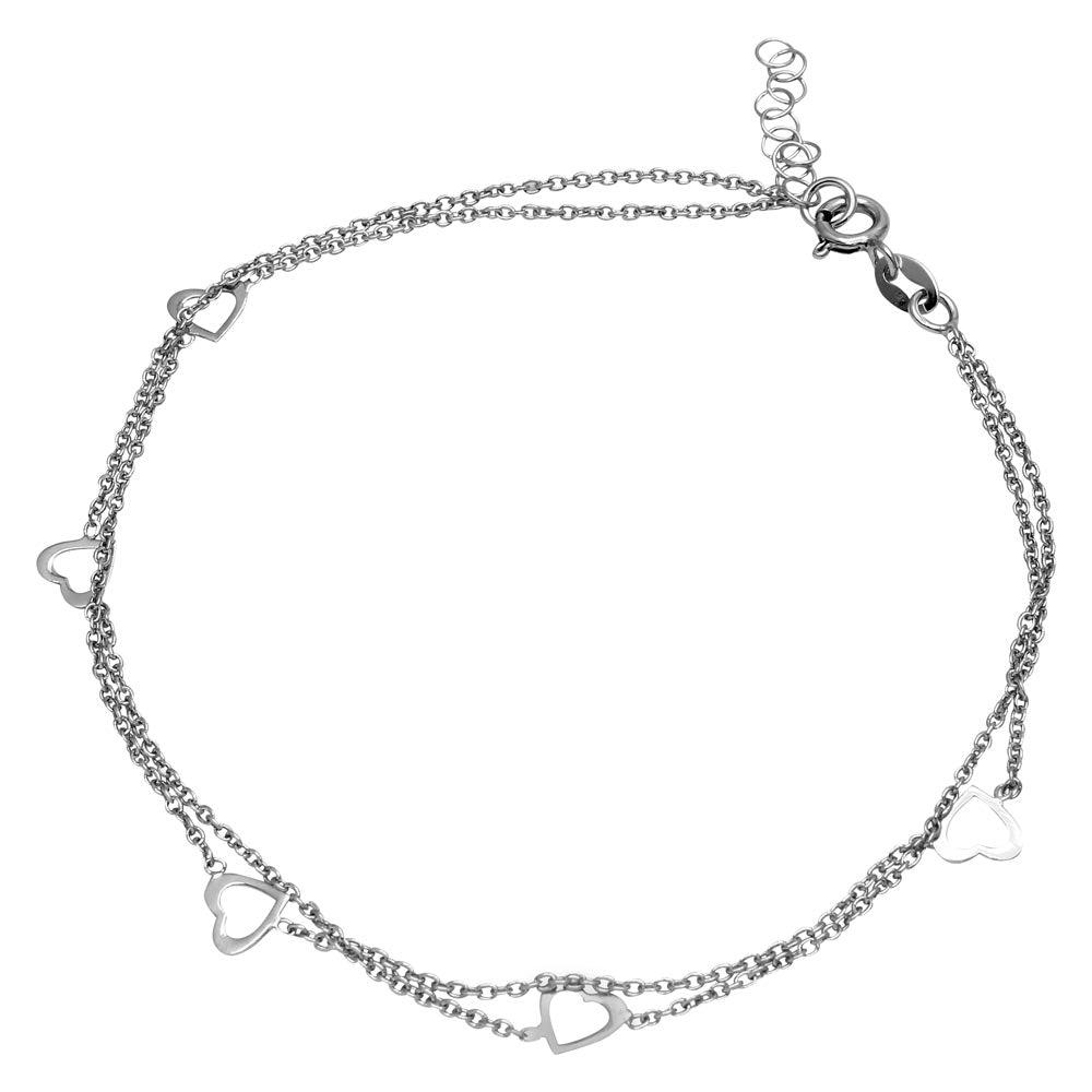 Rhodium Plated 925 Sterling Silver Double Strand 5 Open Heart Anklet - SOA00007