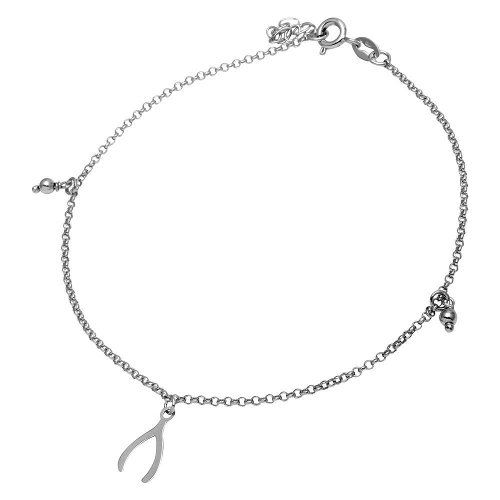 Rhodium Plated 925 Sterling Silver Wishbone and Bead Anklet - SOA00011