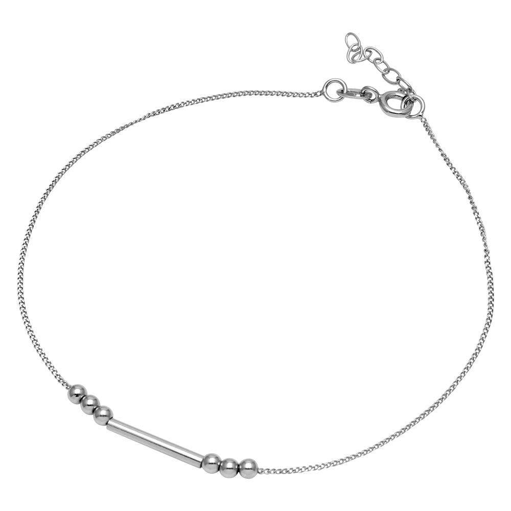 Rhodium Plated 925 Sterling Silver Bar with Trio Bead Design Anklet - SOA00014