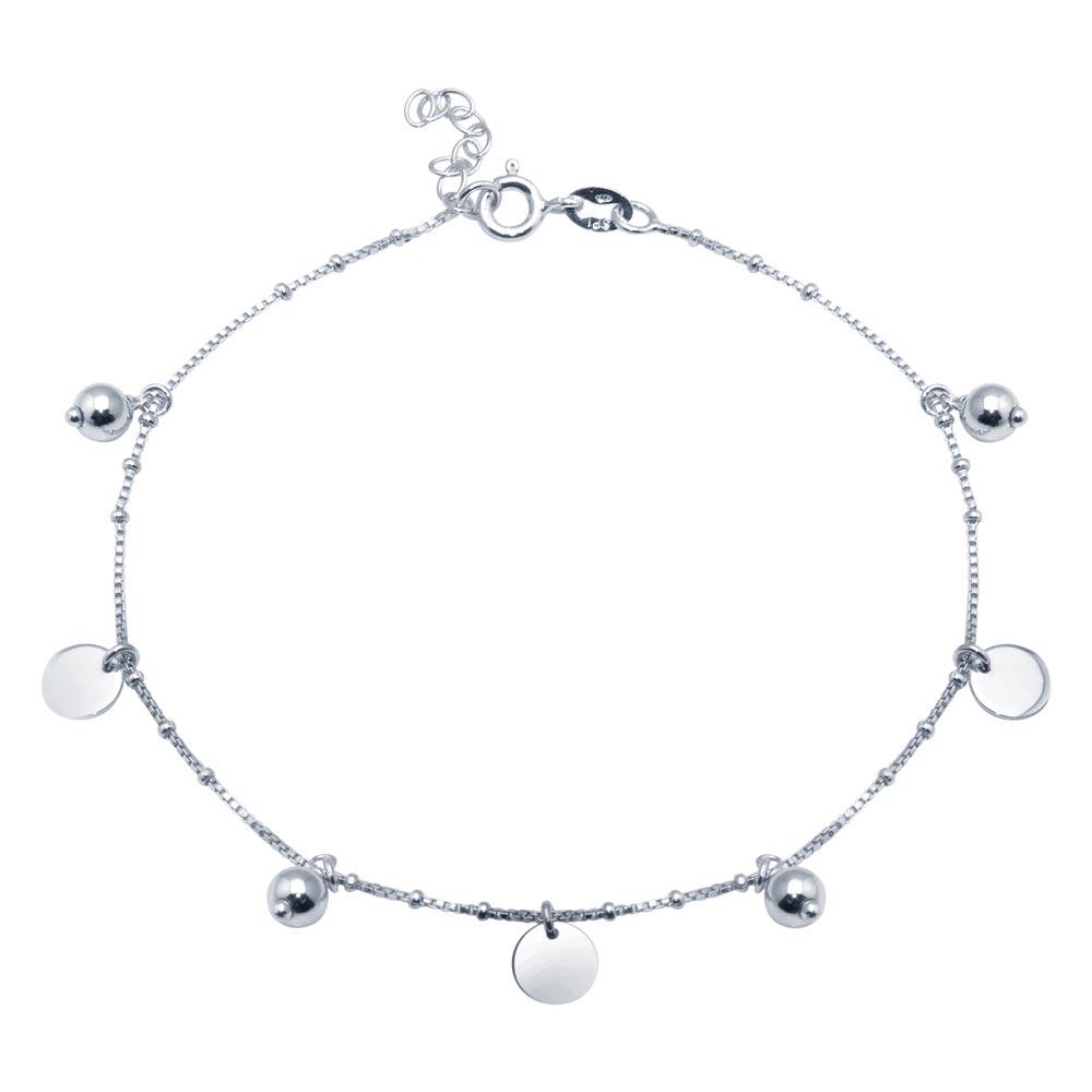 Rhodium Plated 925 Sterling Silver Round and Flat Circle Charm Anklet - SOA00016