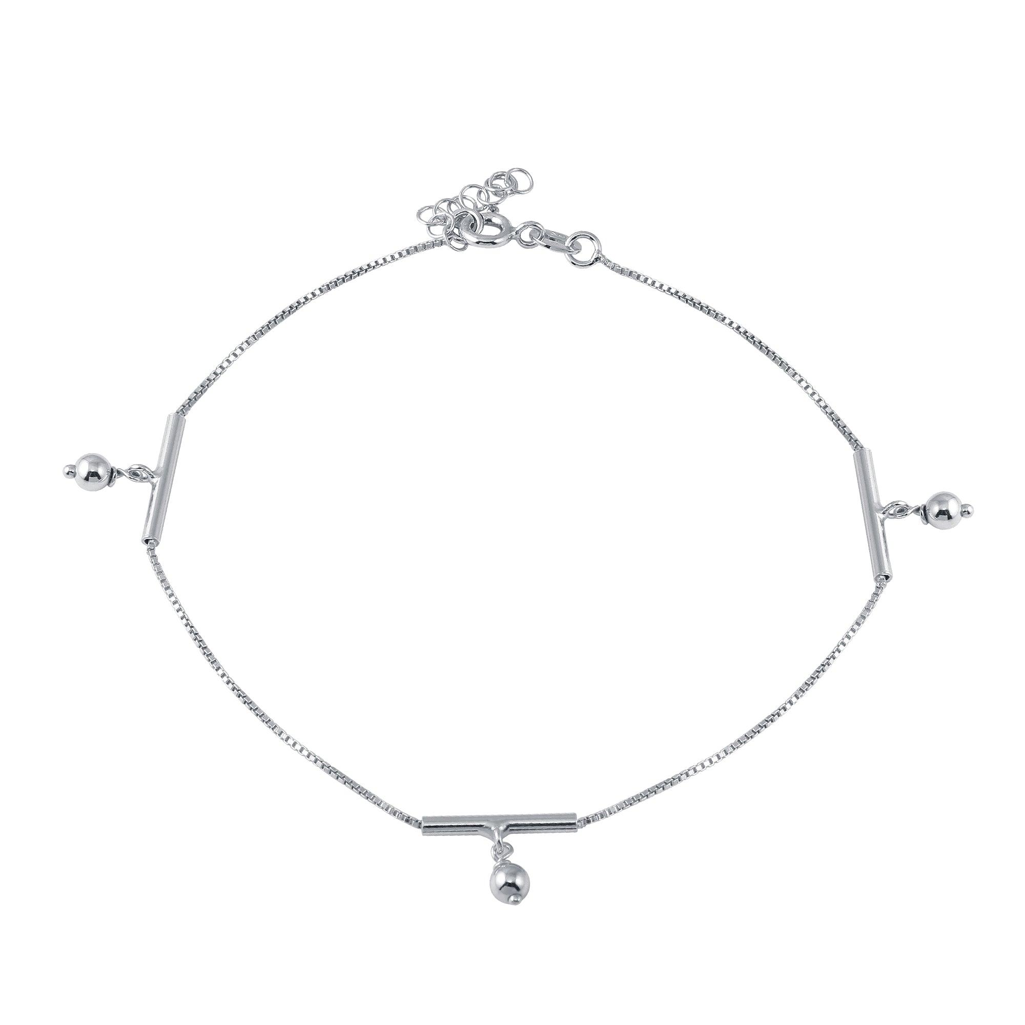 Rhodium Plated 925 Sterling Silver Dangling Bar Beads Charm Anklet - SOA00022