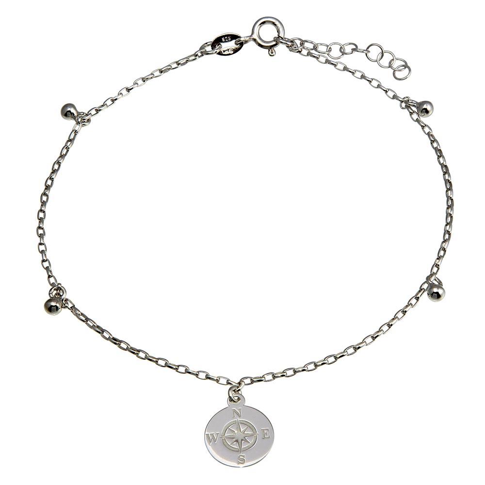 Rhodium Plated 925 Sterling Silver Compass Disc with Dangling Beads Anklet - SOA00024
