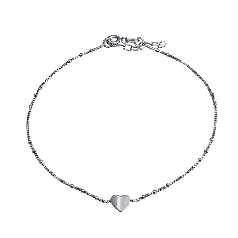 Rhodium Plated 925 Sterling Silver Folded Heart Beaded Box Chain Anklet - SOA00025