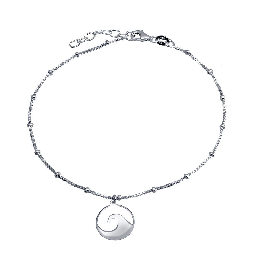 Rhodium Plated 925 Sterling Silver Disc Wave Design Beaded Box Chain Anklet - SOA00027