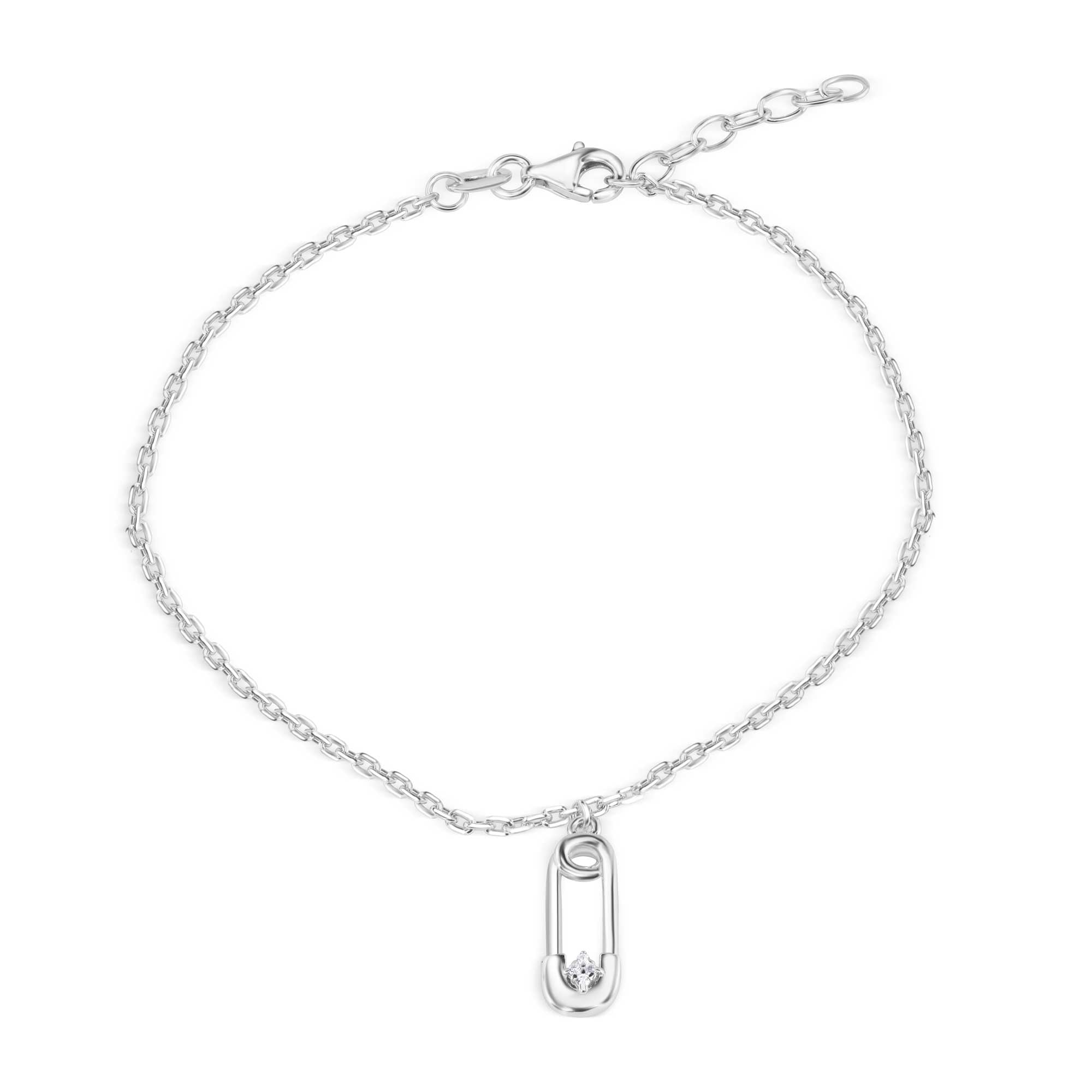 Rhodium Plated 925 Sterling Silver Cable Safety Pin Charm Clear CZ Adjustable Anklet - SOA00032