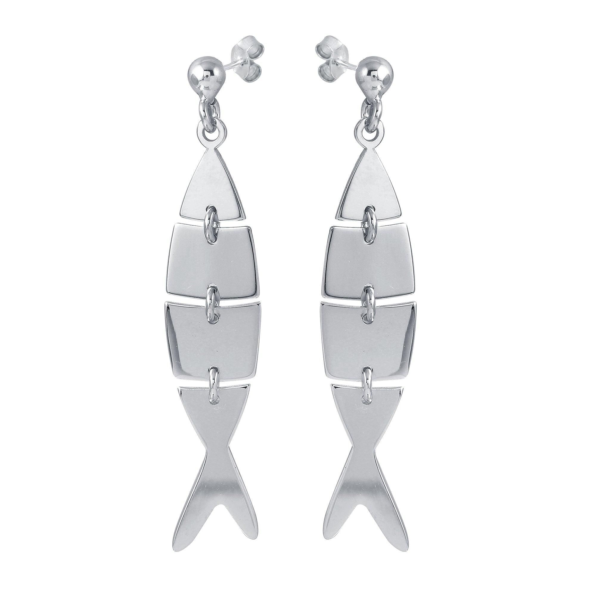 Rhodium Plated 925 Sterling Silver Dangling Flexible Fish Earrings - SOE00027