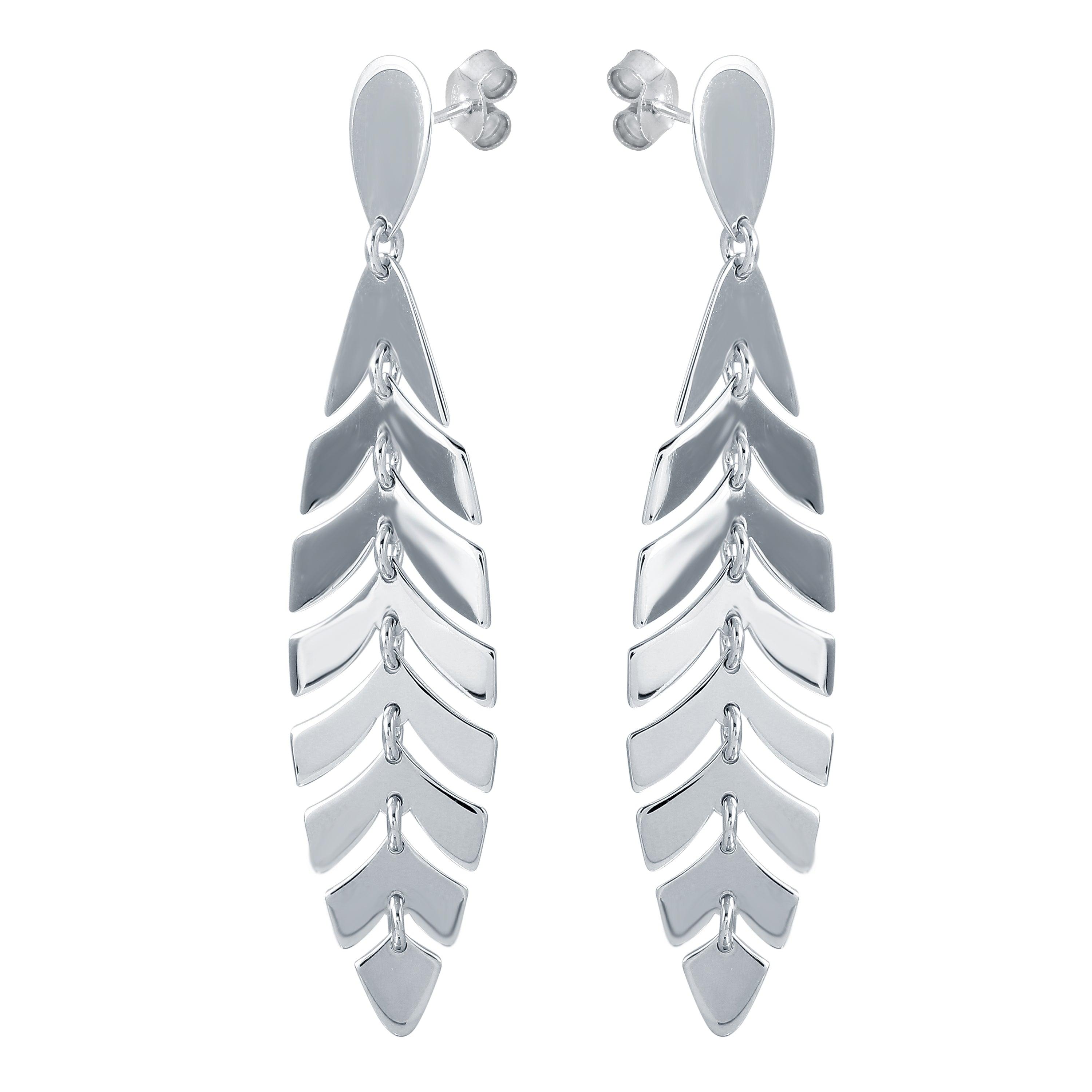 Rhodium Plated 925 Sterling Silver Dangling Flexible Leaves Earrings - SOE00028