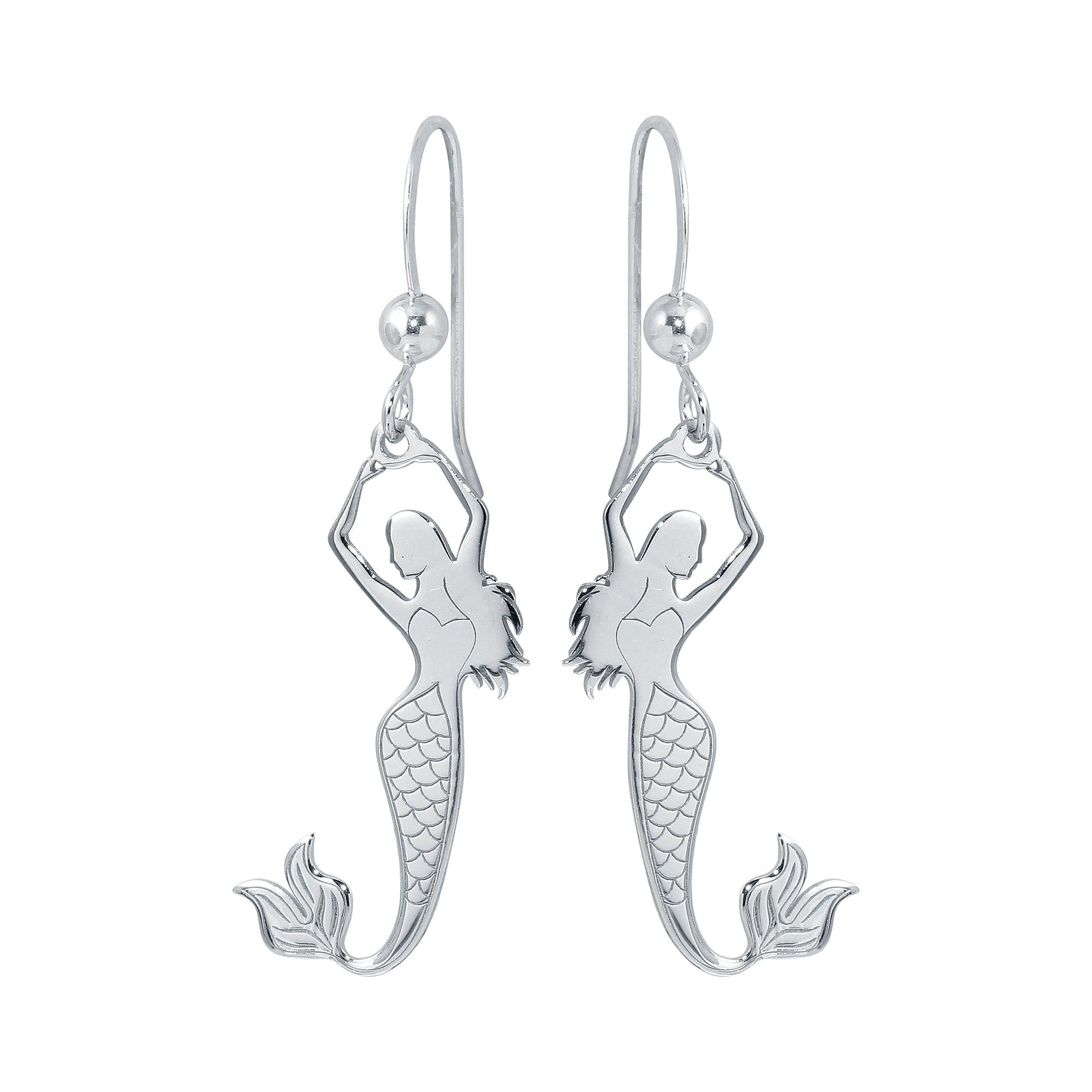Rhodium Plated 925 Sterling Silver Dangling Mermaid Earrings - SOE00032
