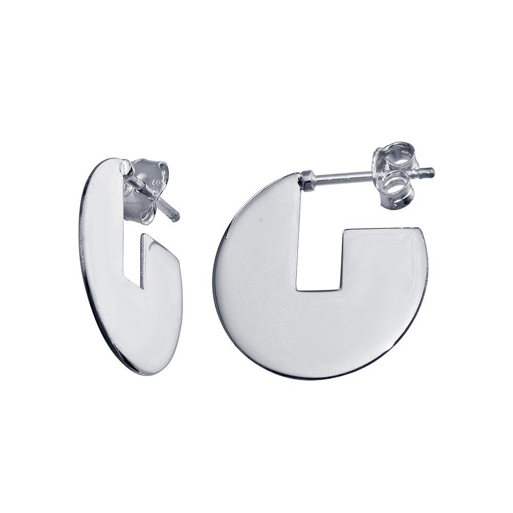 Rhodium Plated 925 Sterling Silver Semi Hoop Fan Disc Earring - SOE00043