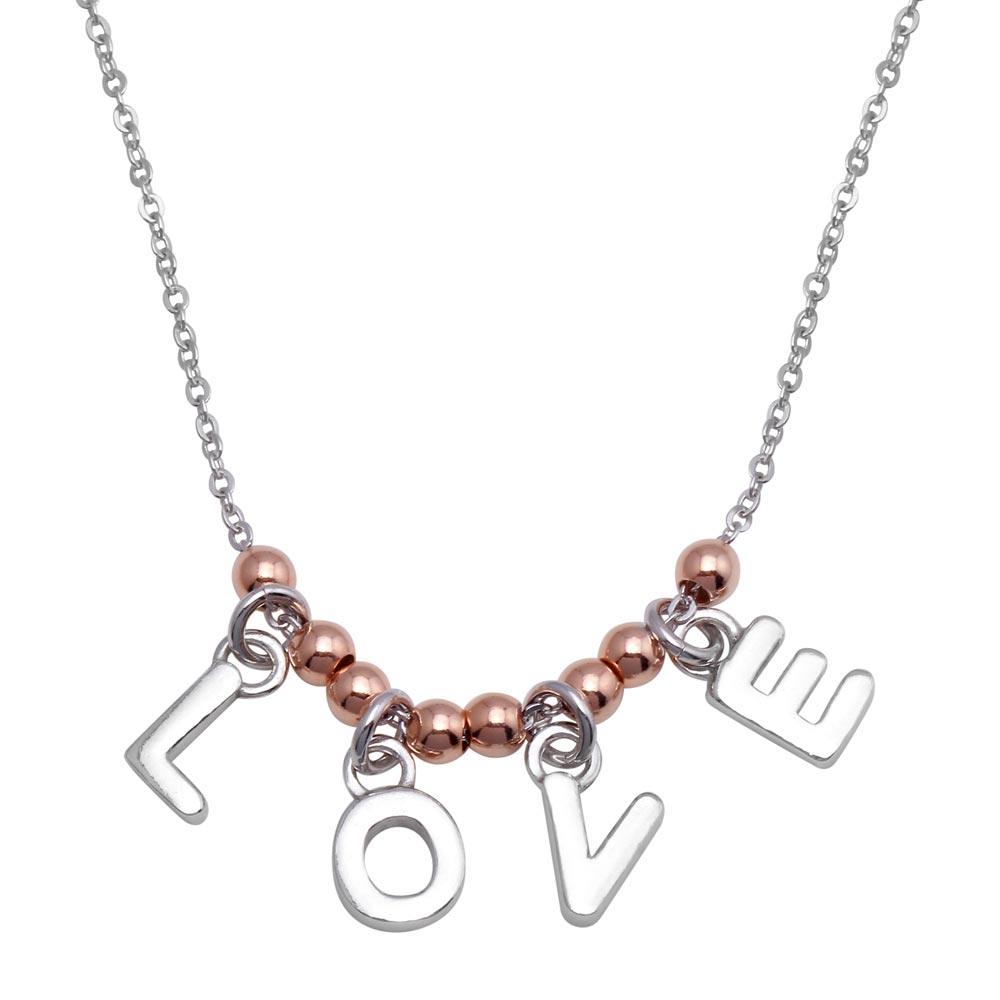 Rhodium Plated 925 Sterling Silver and Rose Gold Plated "Love" Necklace - SOP00088