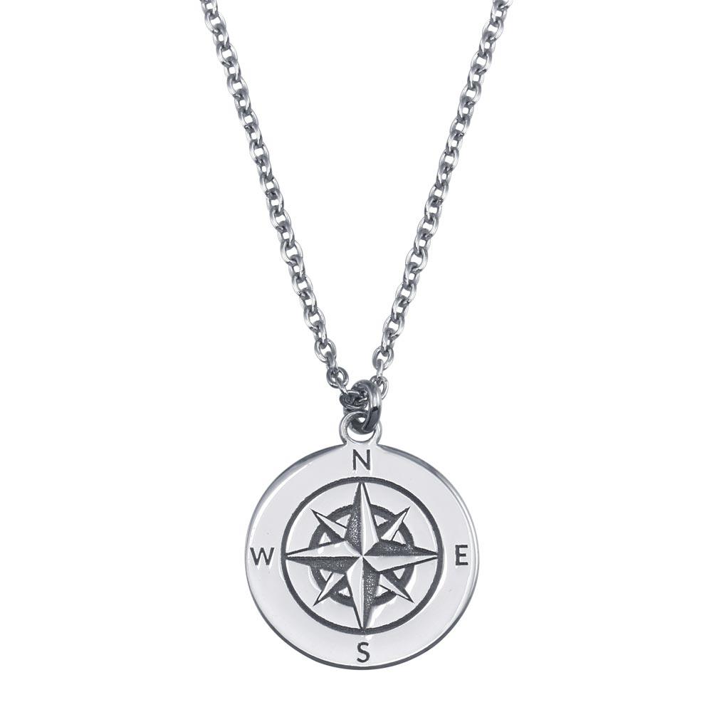 Rhodium Plated 925 Sterling Silver Compass Engraved Disc Pendant Necklace - SOP00151