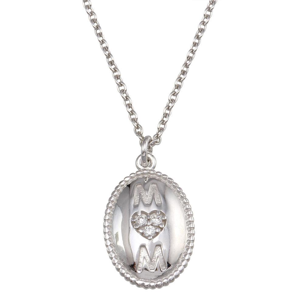 Rhodium Plated 925 Sterling Silver Oval Mom Heart CZ Pendant Necklace - SOP00167