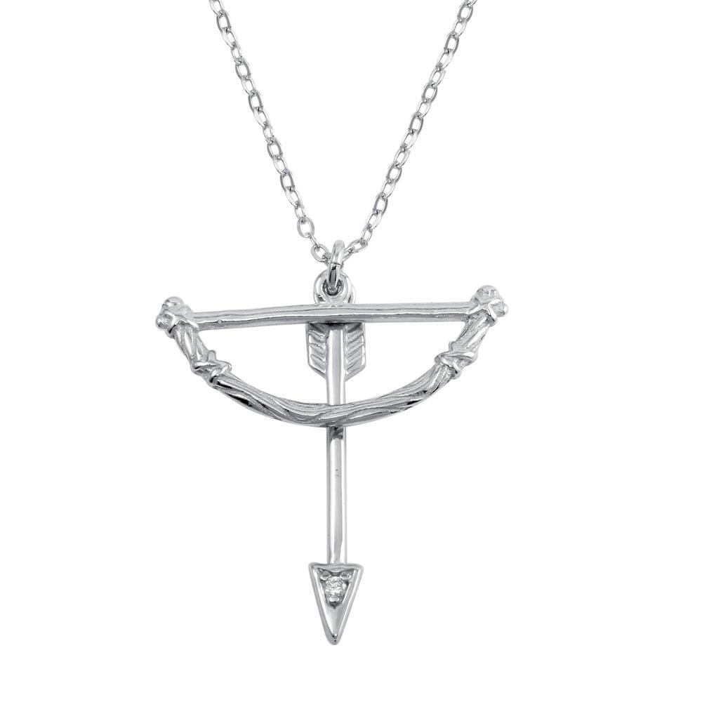 Rhodium Plated 925 Sterling Silver Bow and Arrow Charm Necklace - SOP00106