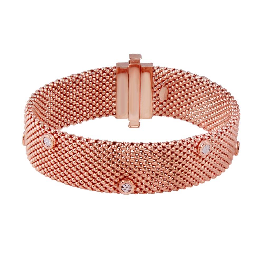 Rose Gold Plated 925 Sterling Silver Round Charm CZ Band Bracelet - SPB00007