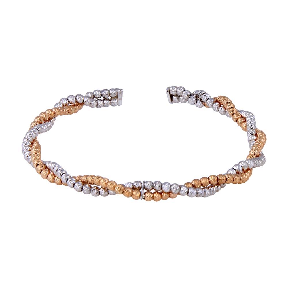 925 Sterling Silver Rhodium and Rose Gold Plated Bead Diamond Cut Bangle- SPB00008