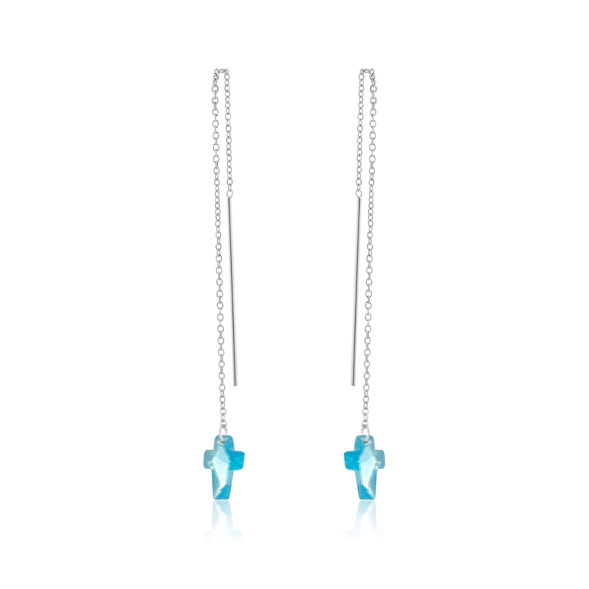 Rhodium Plated 925 Sterling Silver Threaded Colored CZ Cross Earrings - SPE00011