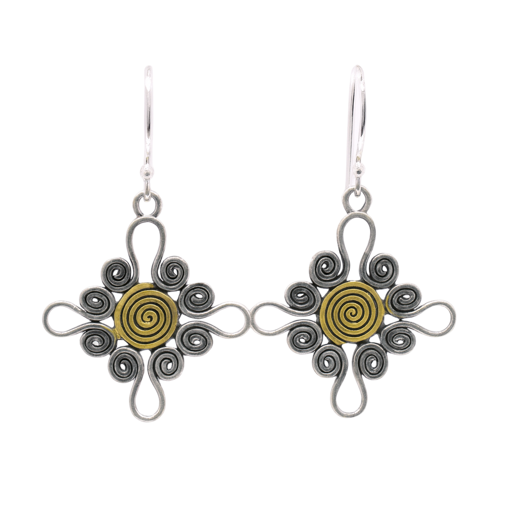 Silver Matte Finish & Gold Plated Swirl Cross Dangle Earrings - SPE00019