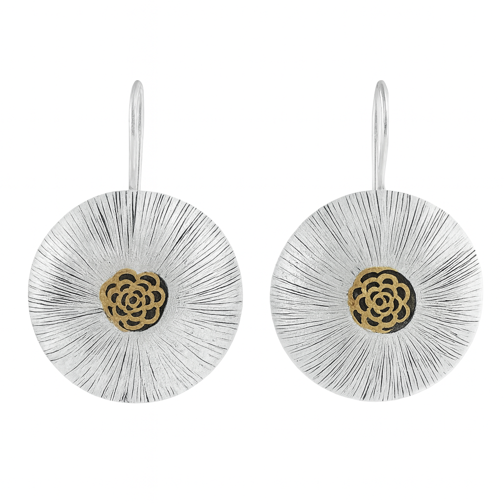 Silver Two Tone Matte Finish Large Stamped Disc Earrings - SPE00022