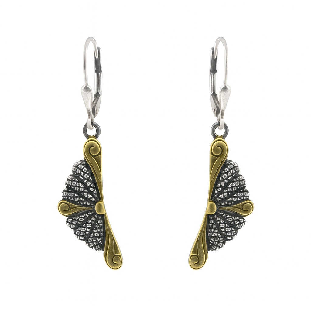 925 Silver Two Tone Oxidized Matte Fan Dangle Earrings - SPE00023