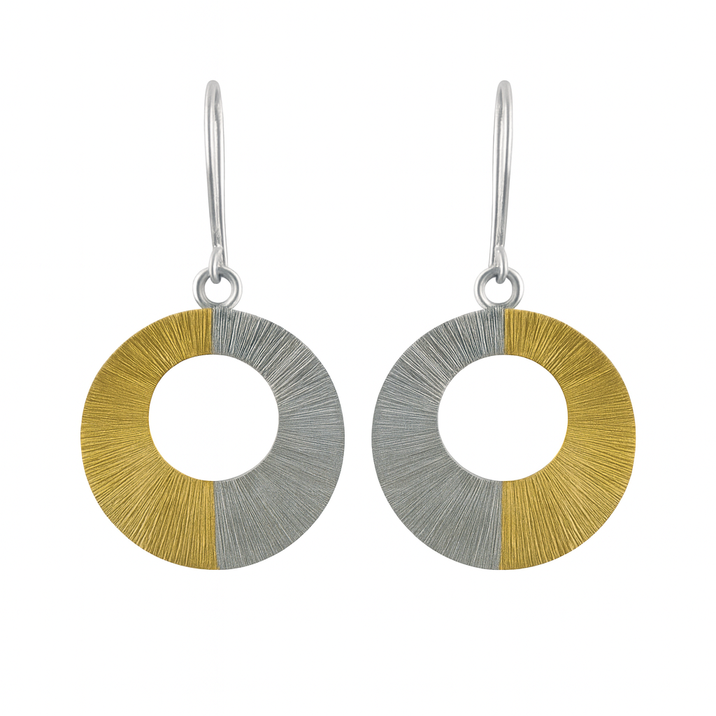 925 Silver Two Tone Matte Finish Stripped Open Disc Earrings - SPE00026