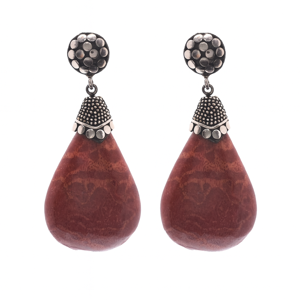 925 Oxidized Silver Beaded Faux Coral Tear Drop Dangle Earrings - SPE00027