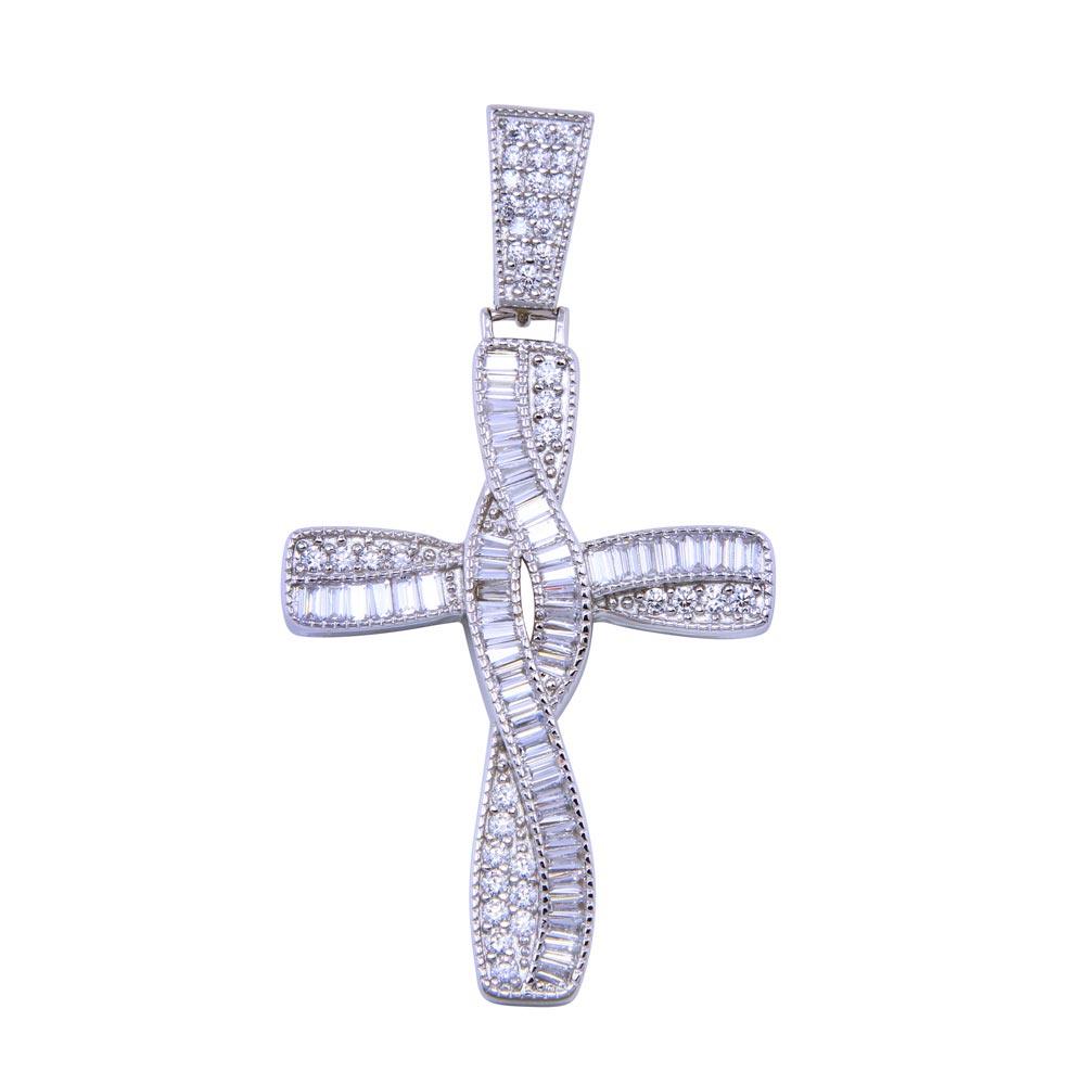 Rhodium Plated 925 Sterling Silver CZ Wave Cross Pendant - SLP00328