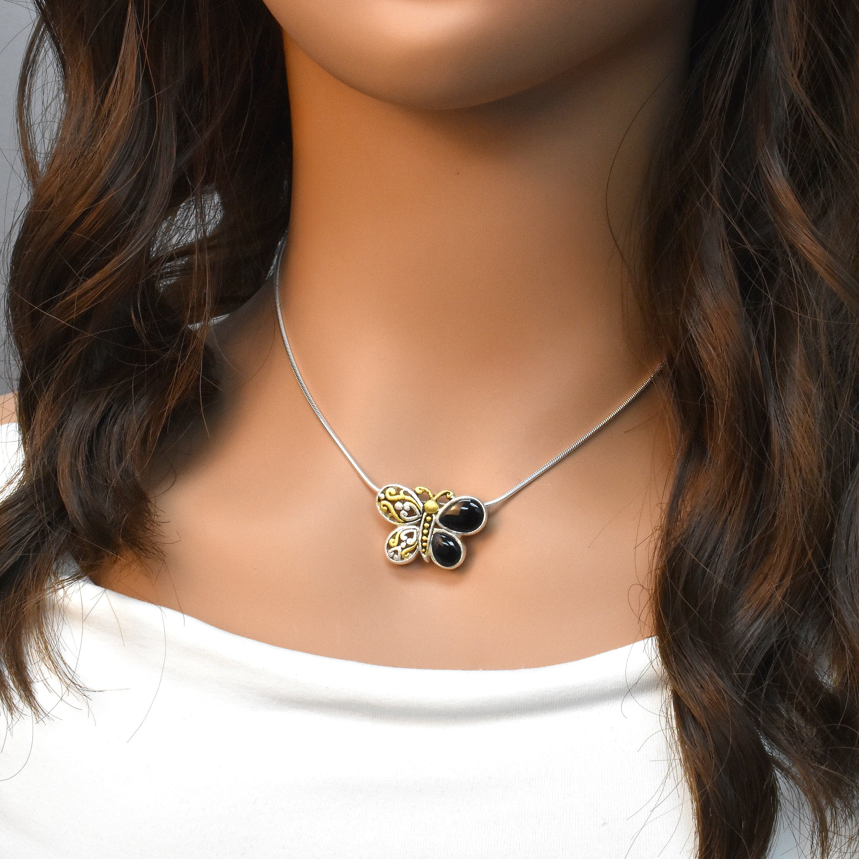 Sterling Silver Matte Finish Filigree style BLK Onyx Butterfly Pendant - SPP00005BLK