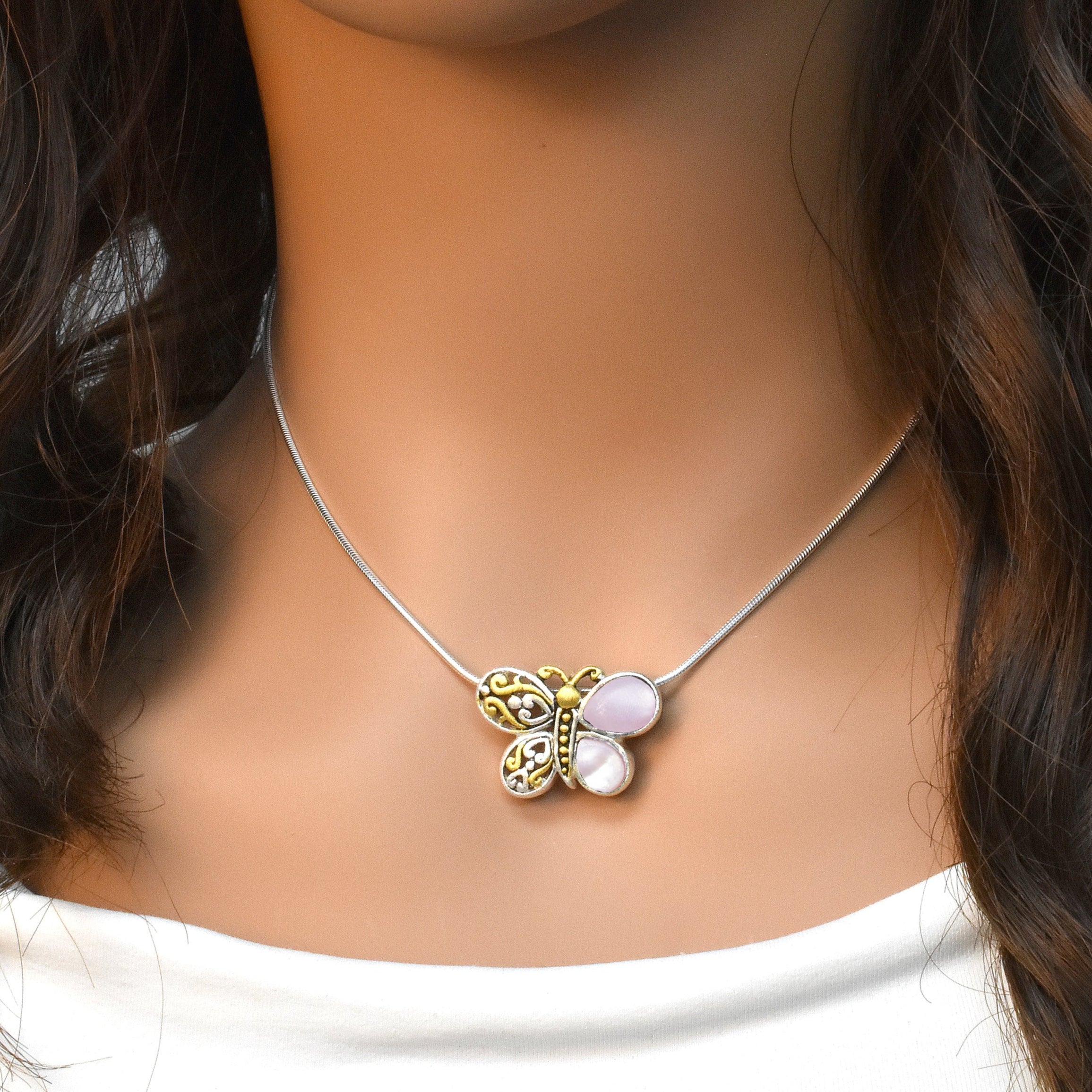 Sterling Silver Matte Finish Filigree style Pink Pearl Butterfly Pendant - SPP00005PNK