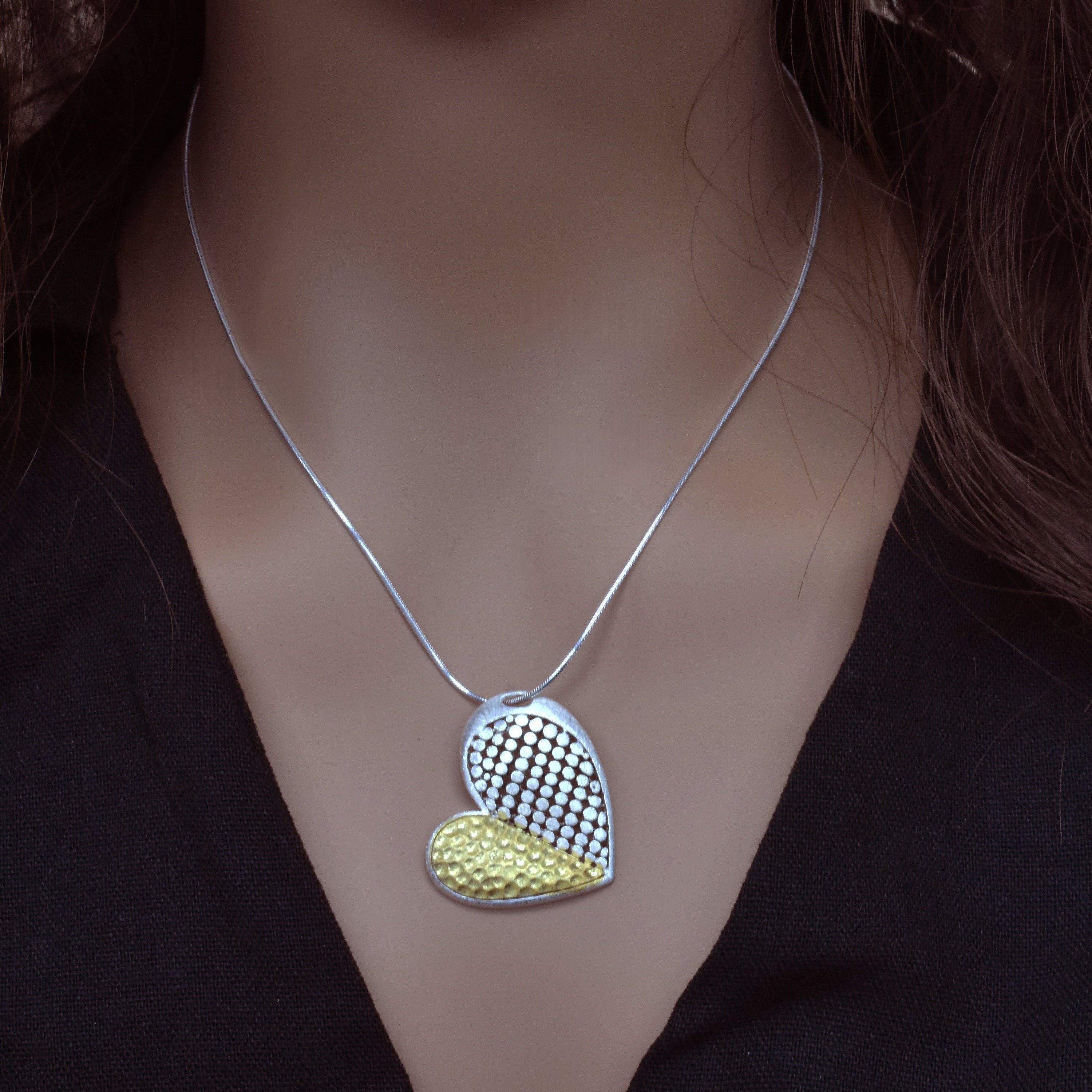 Two-Tone 925 Sterling Silver Matte Finish Geometric Pattern Design Heart Pendant- SPP00007