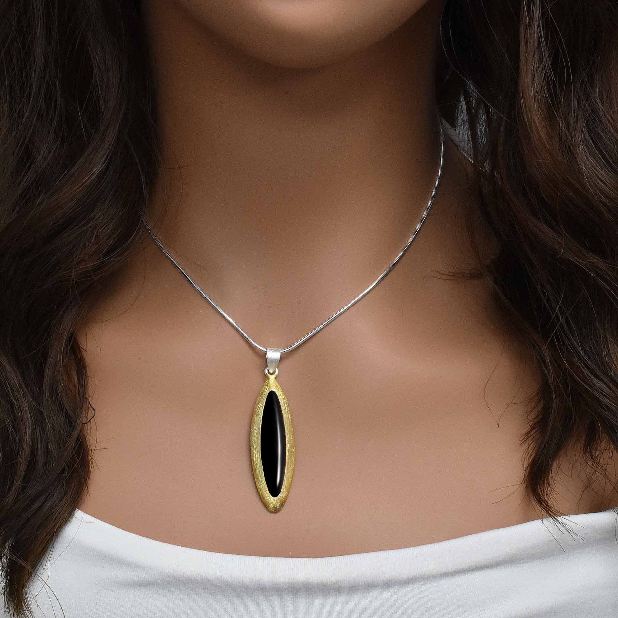 Gold Plated 925 Sterling Silver Matte Finish Cat Eye Shape Onyx Stone Pendant - SPP00008BLK