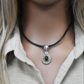 Two-Tone 925 Sterling Silver Matte Finish Oval Disc Onyx Stone Pendant - SPP00009