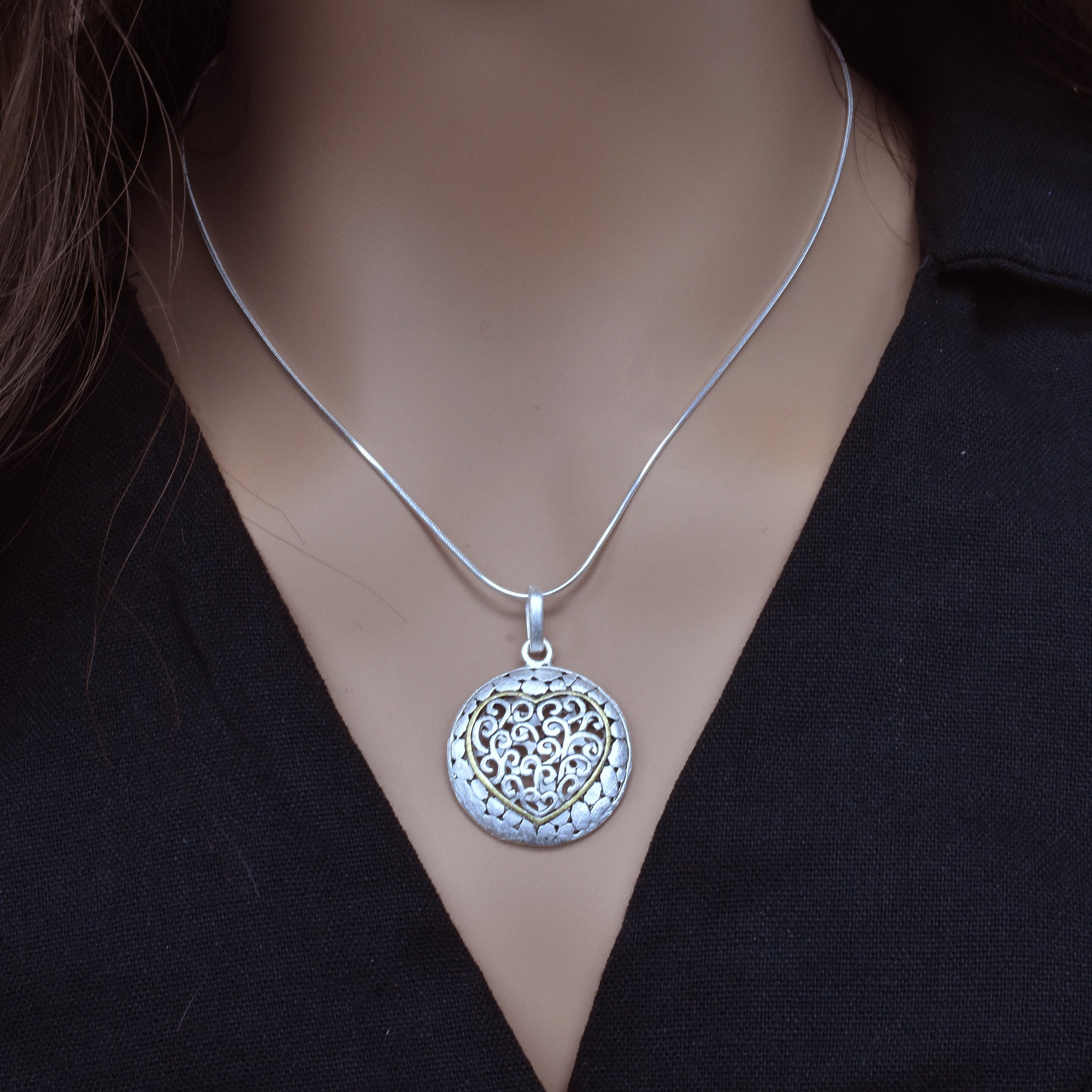 Sterling Silver Matte Finish Heart Center Filigree Disc Pendant - SPP00011