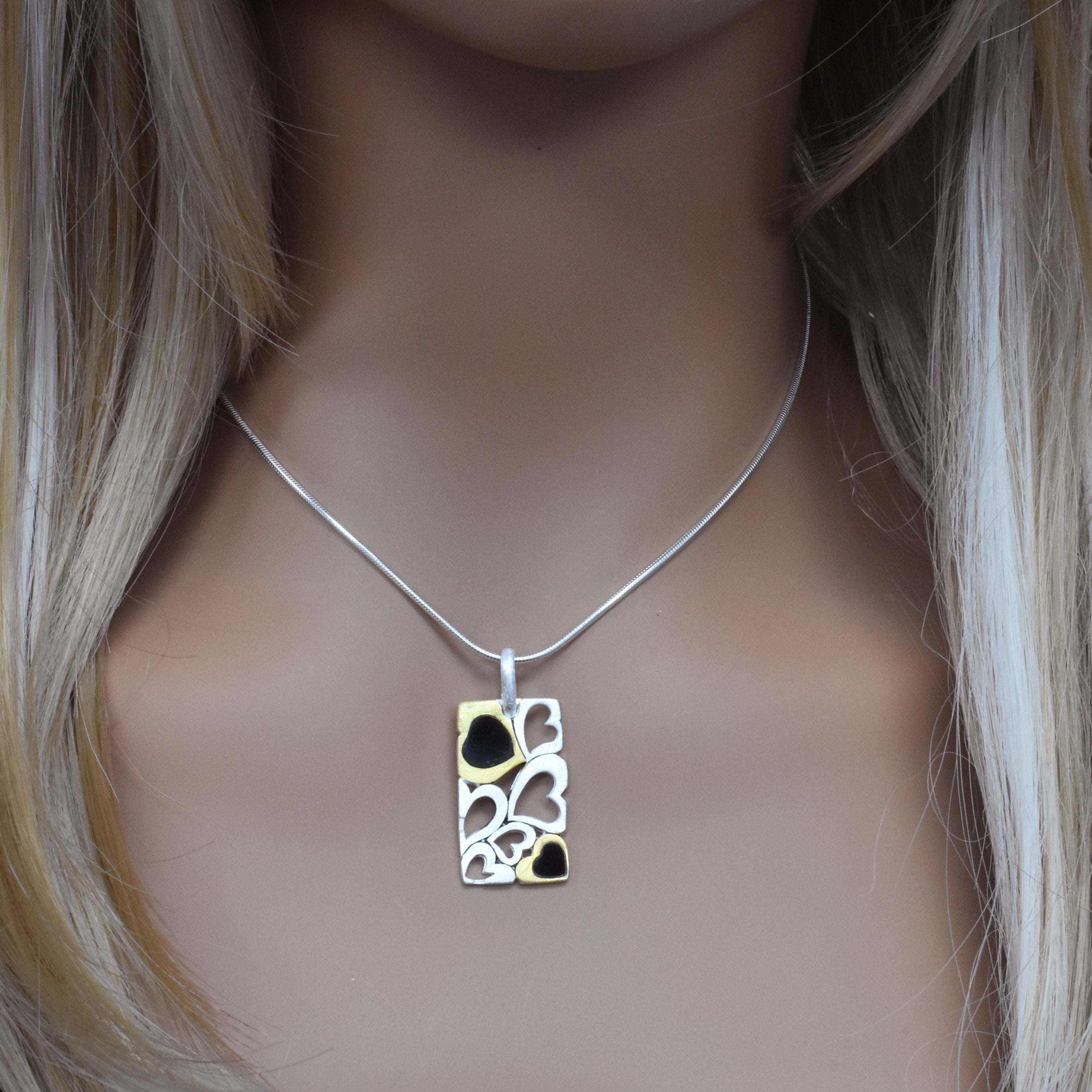 Two-Tone 925 Sterling Silver Matte Finish Multi Open Hearts Pendant - SPP00014