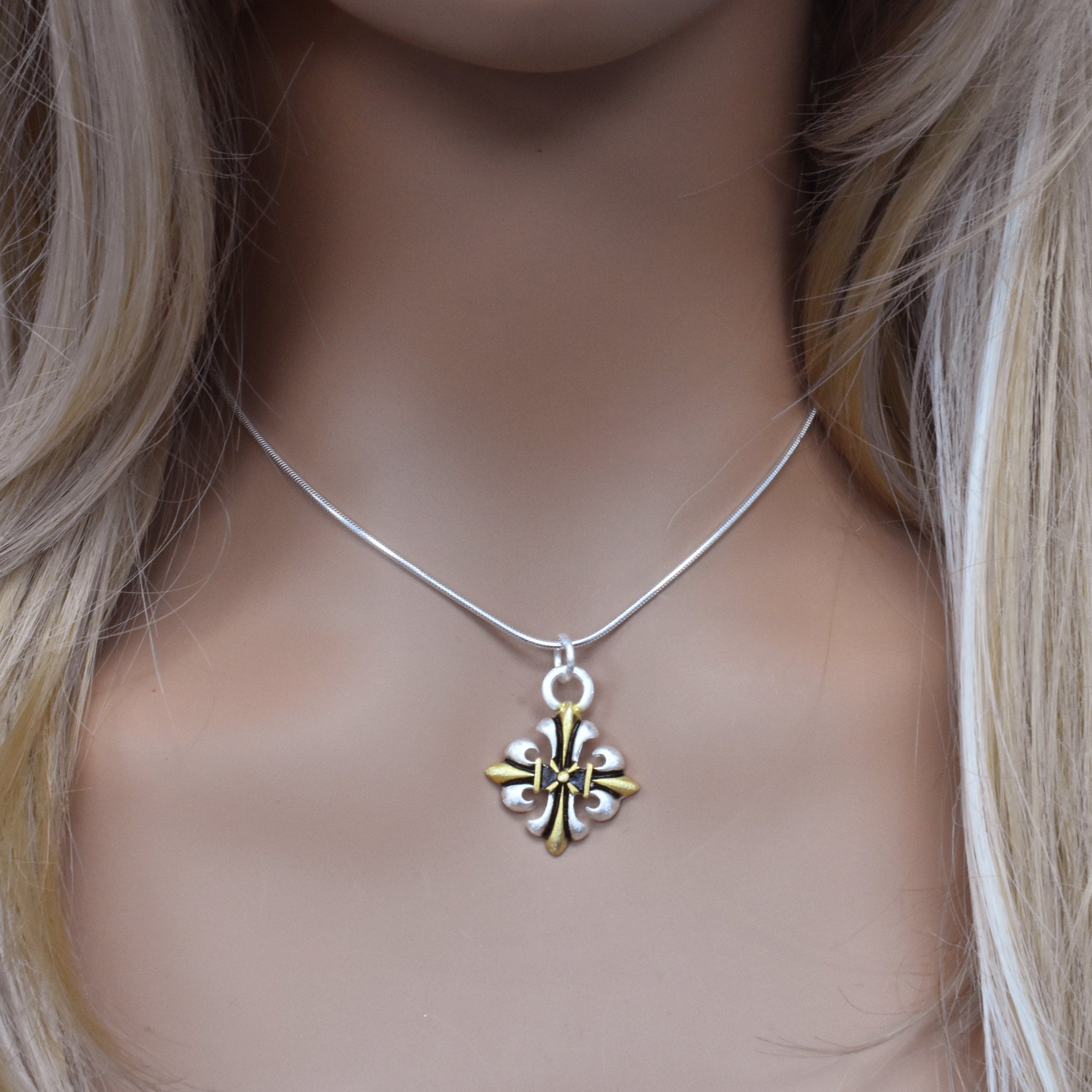 Two-Tone 925 Sterling Silver Matte Finish Cross Fleury Pendant - SPP00015