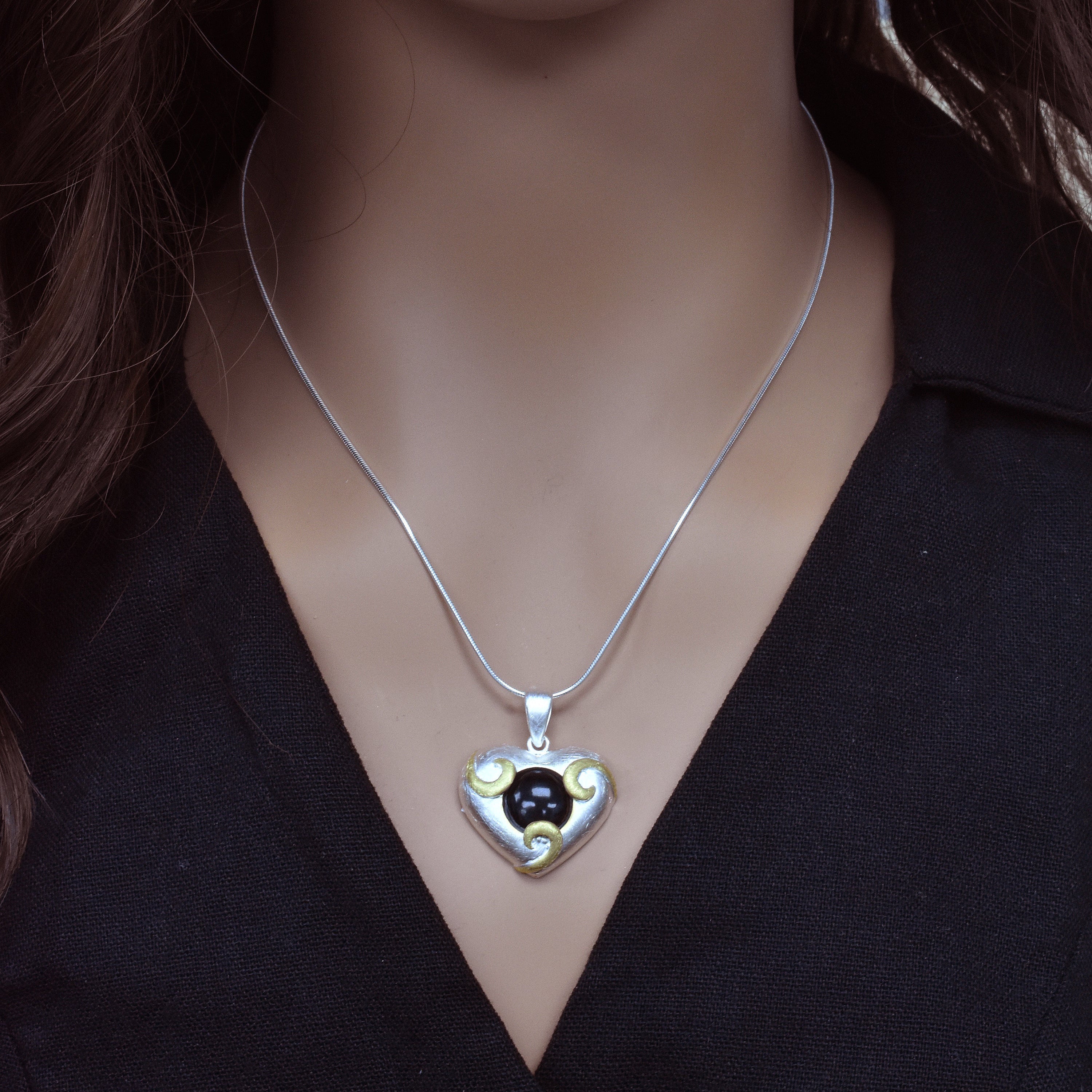 Sterling Silver Matte Finish 2 Toned Onyx Center Heart Pendant - SPP00023
