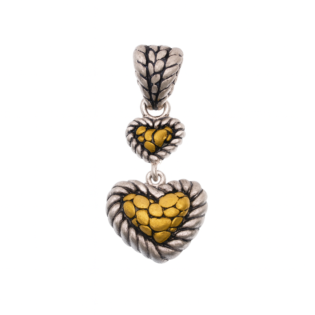 Sterling Silver Matte Finish 2 Toned Dangling 2 Hearts Pendant - SPP00025