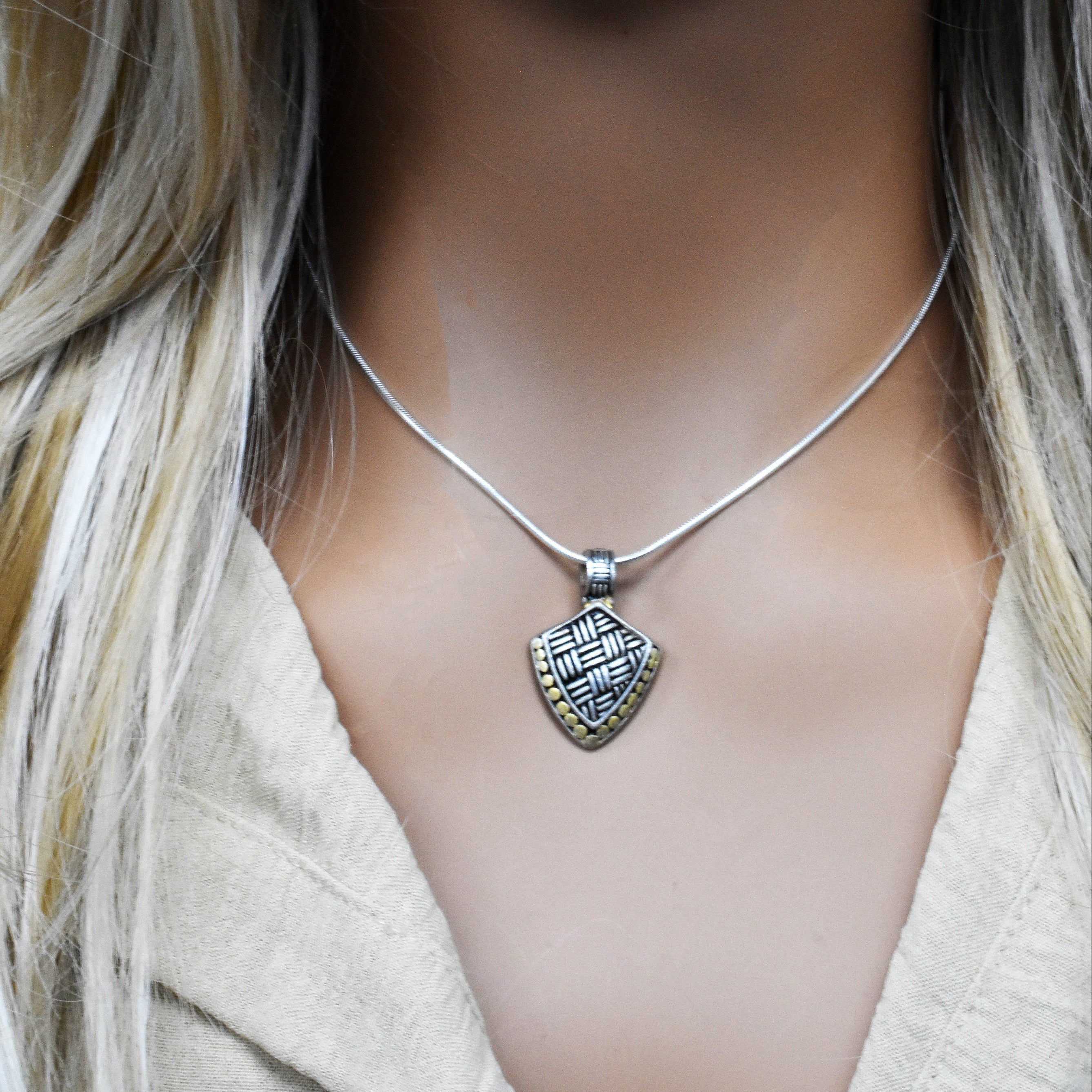 Two-Tone 925 Sterling Silver Shield Pendant - SPP00028