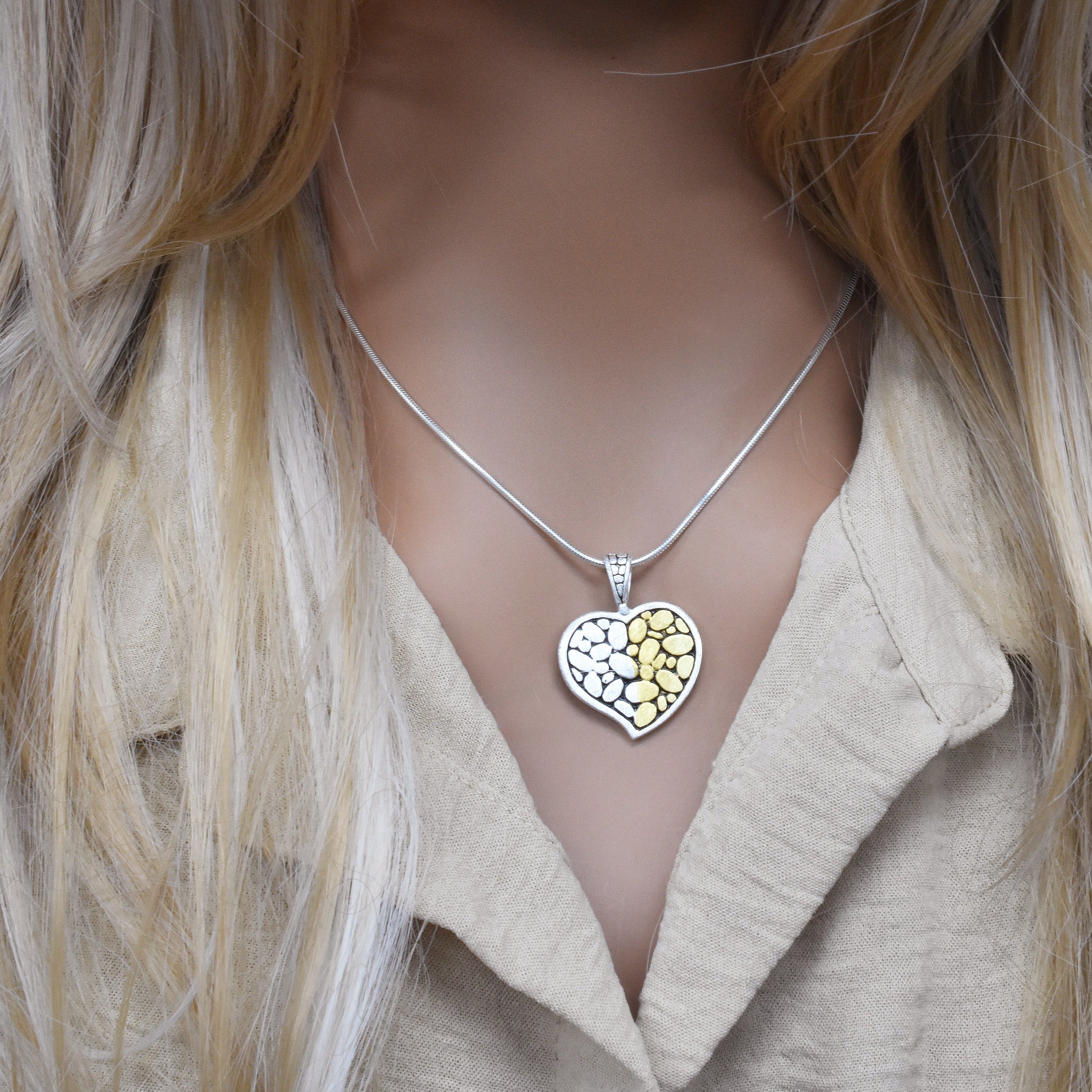 Sterling Silver Matte Finish 2 Tone Rock Design Heart Pendant -SPP00031
