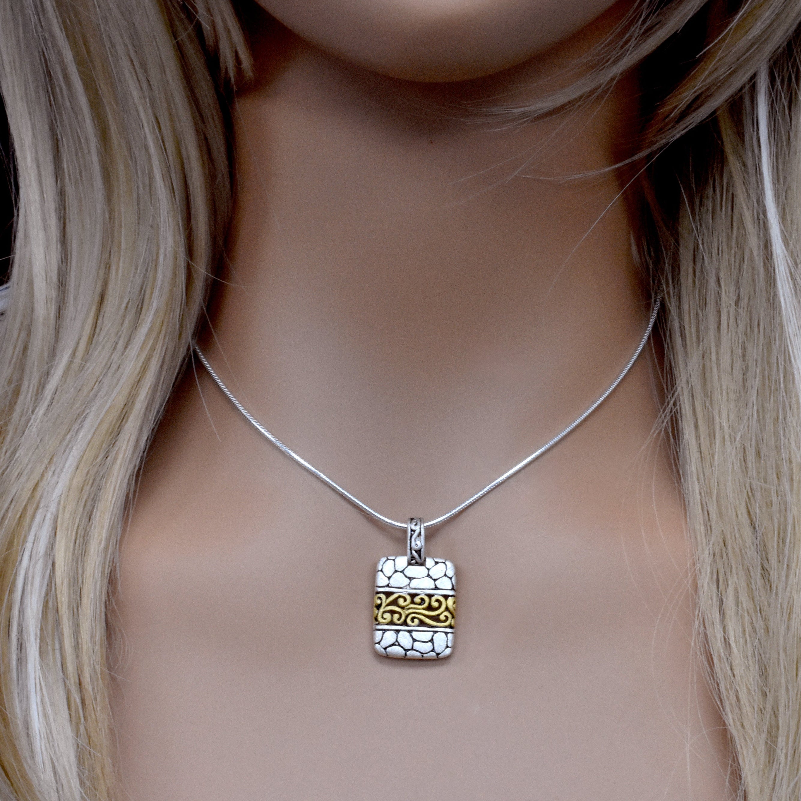 Sterling Silver Matte Finish 2 Tone Rock & Filigree Bar Pendant -SPP00032
